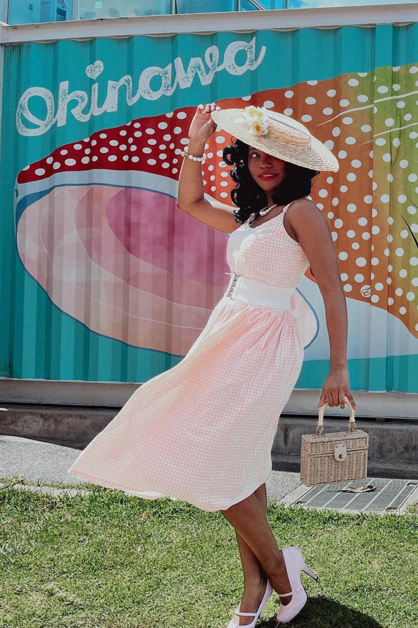 Sandra Fit and Flare Dress in Peach Gingham