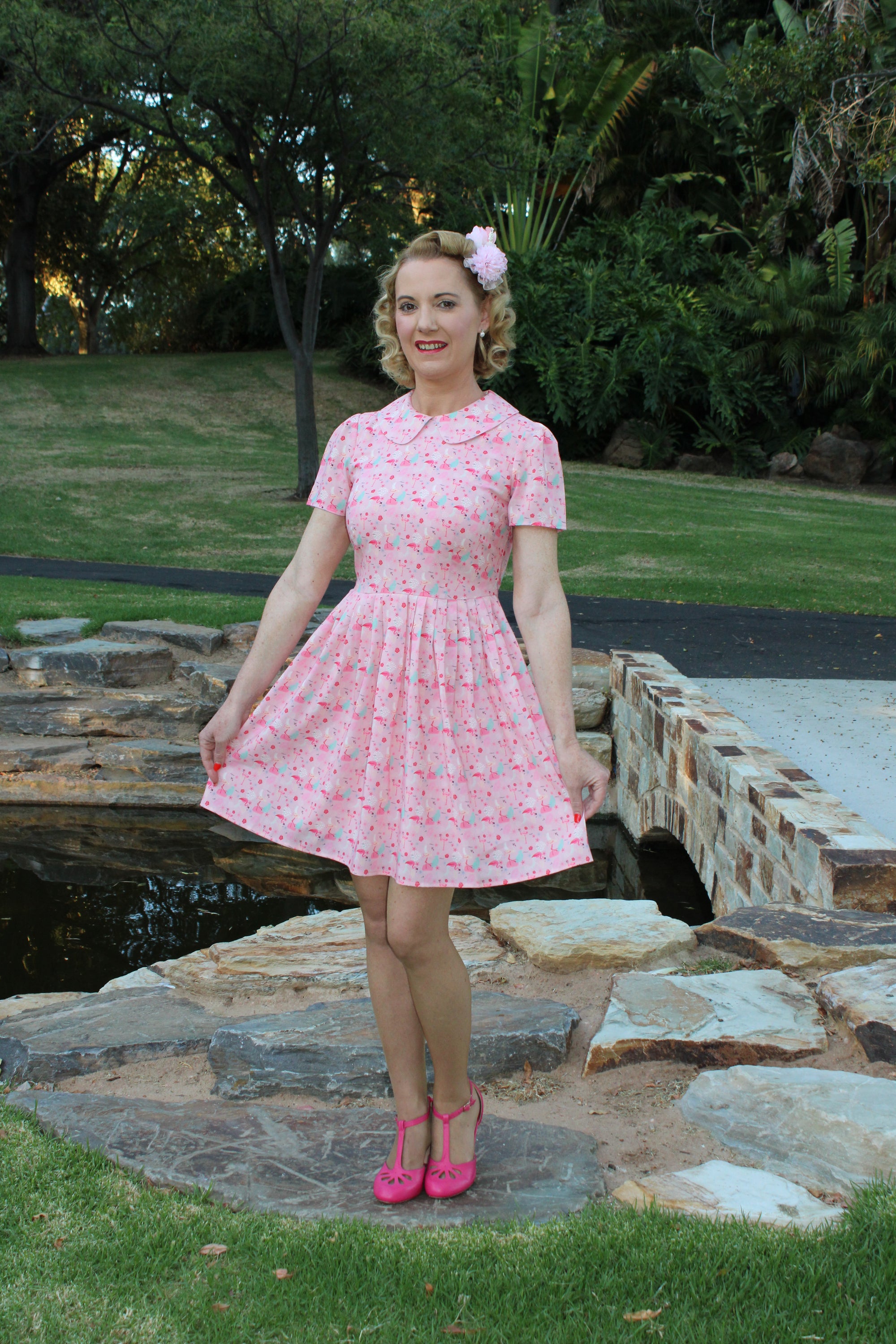 mod dress Mid Mod Babydoll Circle Dress Pink Flamingo Print / 1X