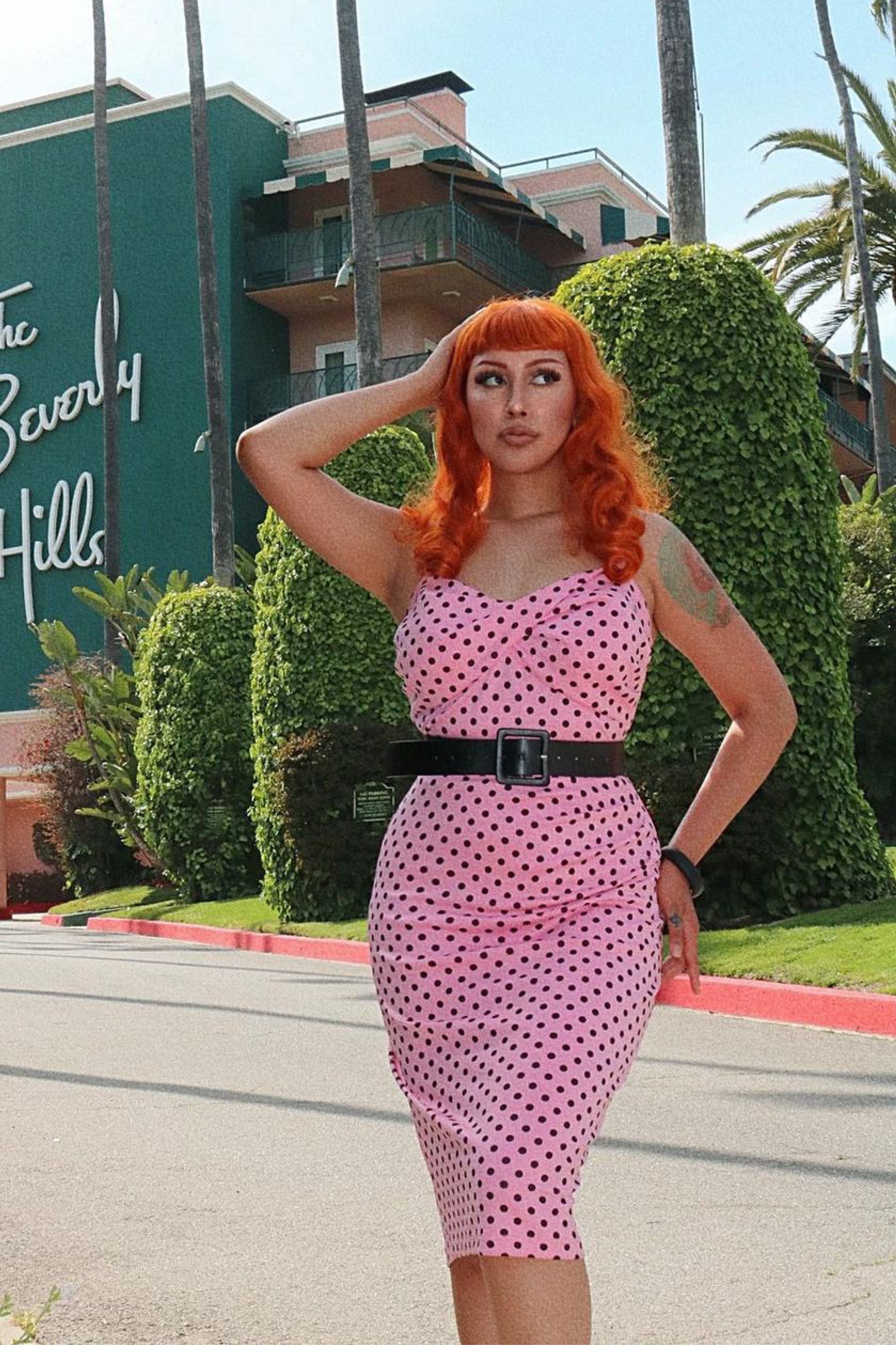 1950s Inspired Glam Pencil Pinup Dress in Pink with Black Polka Dots - Tatyana Clothing 1950s Inspired Glam Pencil Pinup Dress in Pink with Black Polka Dots - Tatyana Clothing