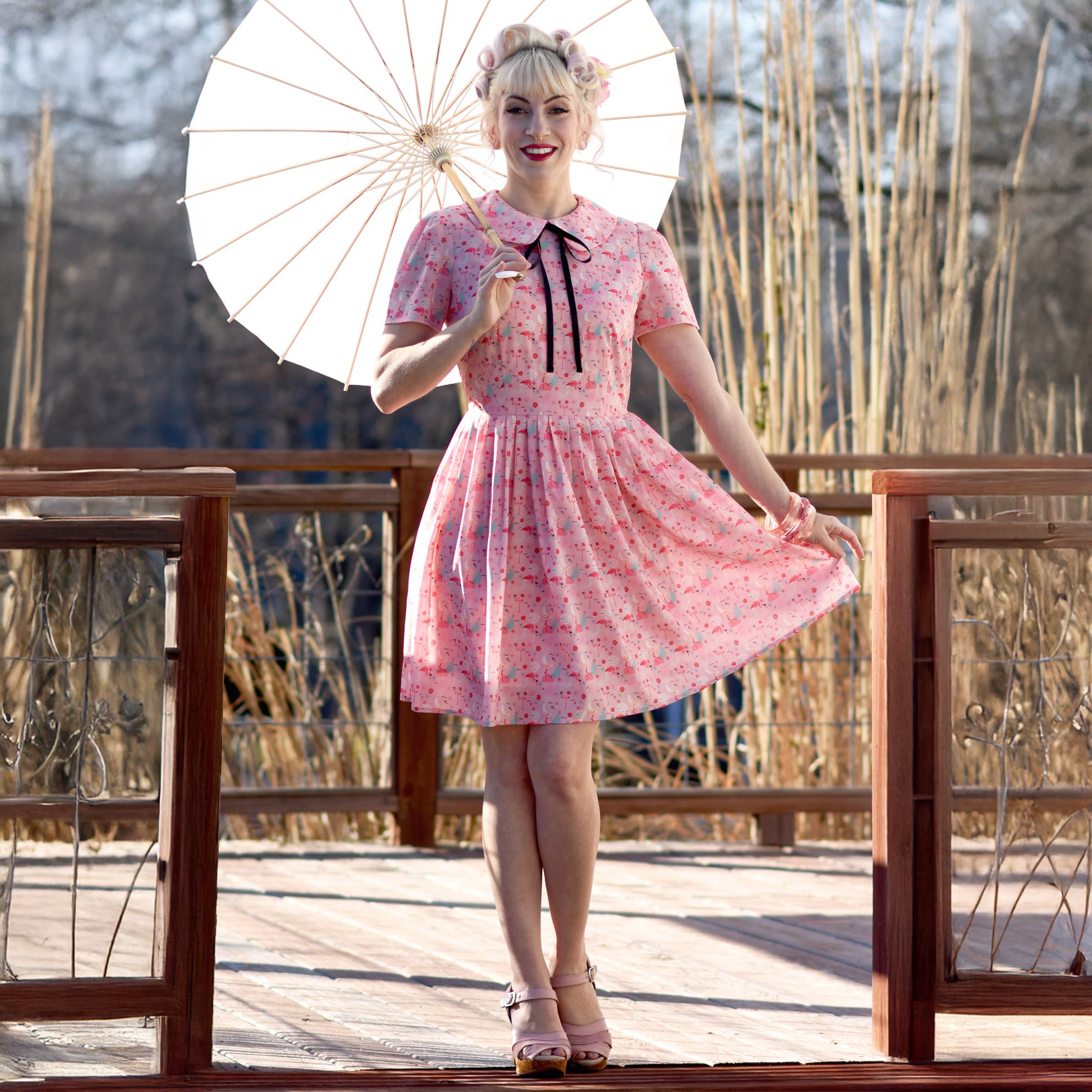 Mid Mod Babydoll Circle Dress Pink Flamingo Print / 1X Mid Mod Babydoll Circle Dress Pink Flamingo Print / 1X