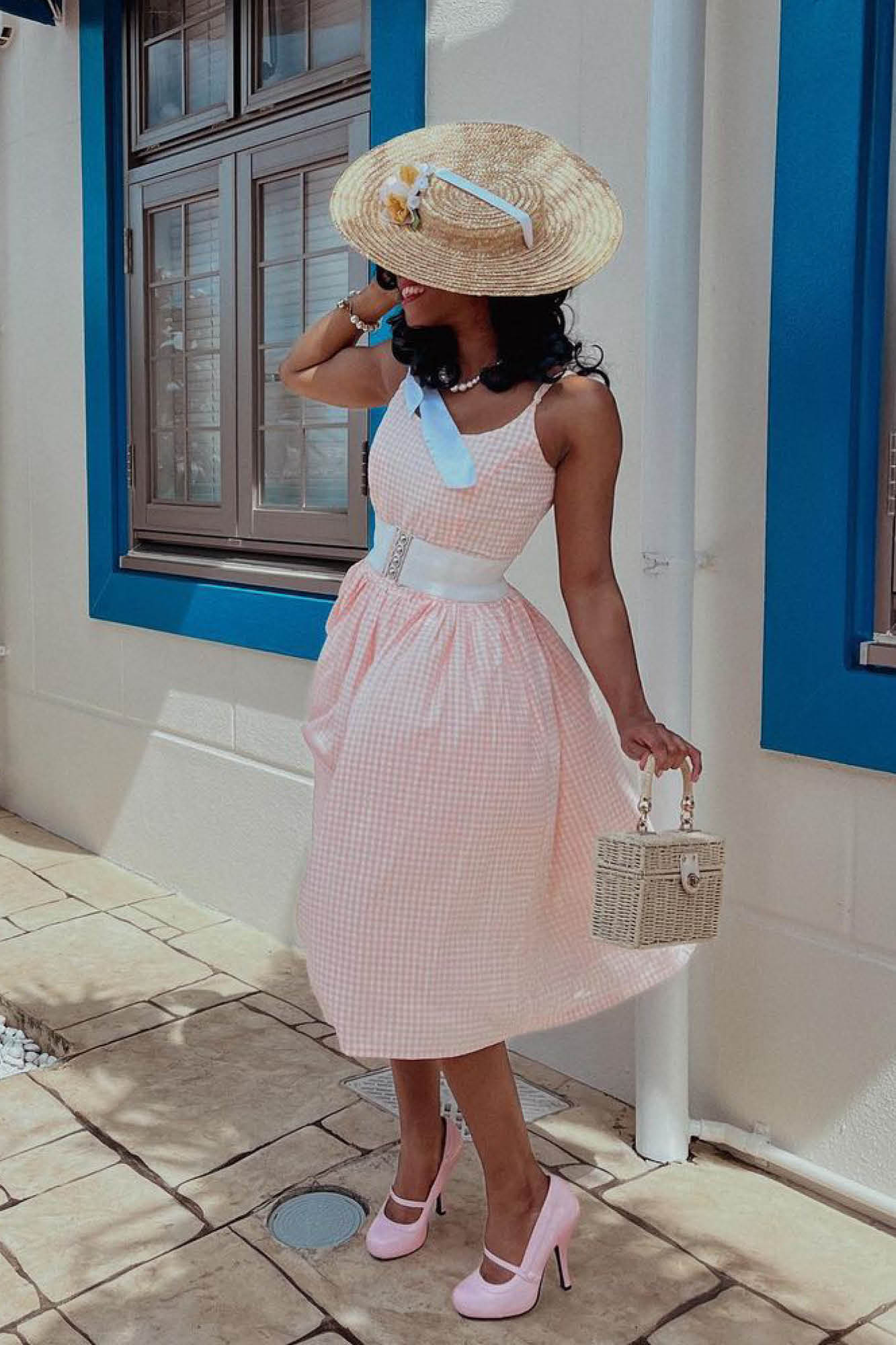 Sandra Fit and Flare Dress in Peach Gingham