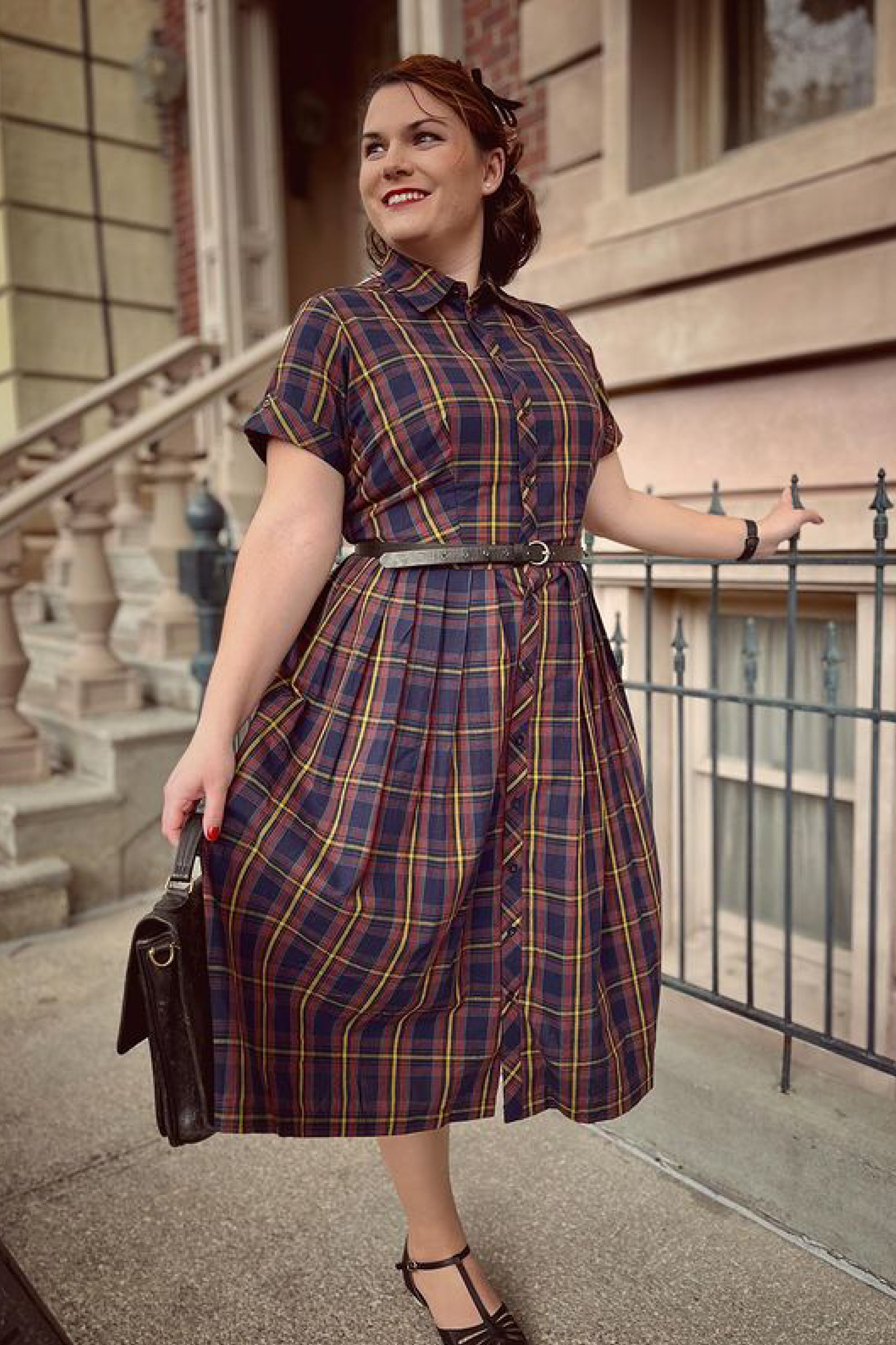 Day Dress in Navy and Brown Plaid