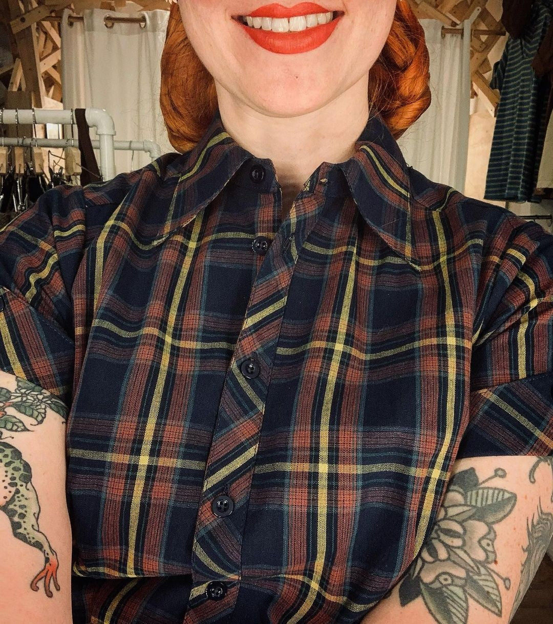Day Dress in Navy and Brown Plaid