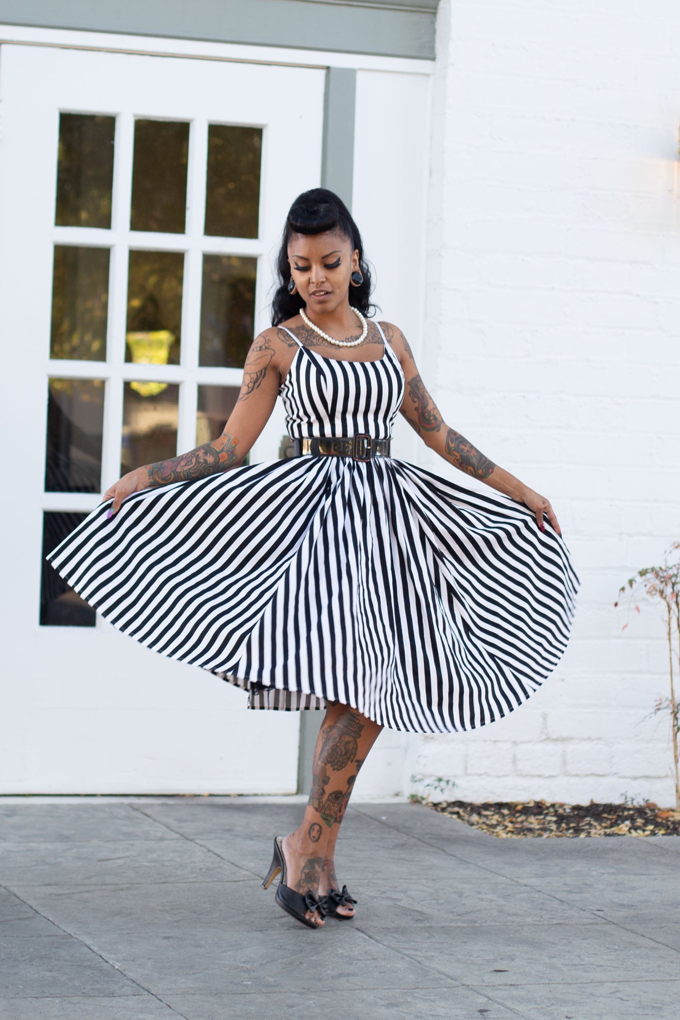 Lydia Circle Dress in Black and White Stripe